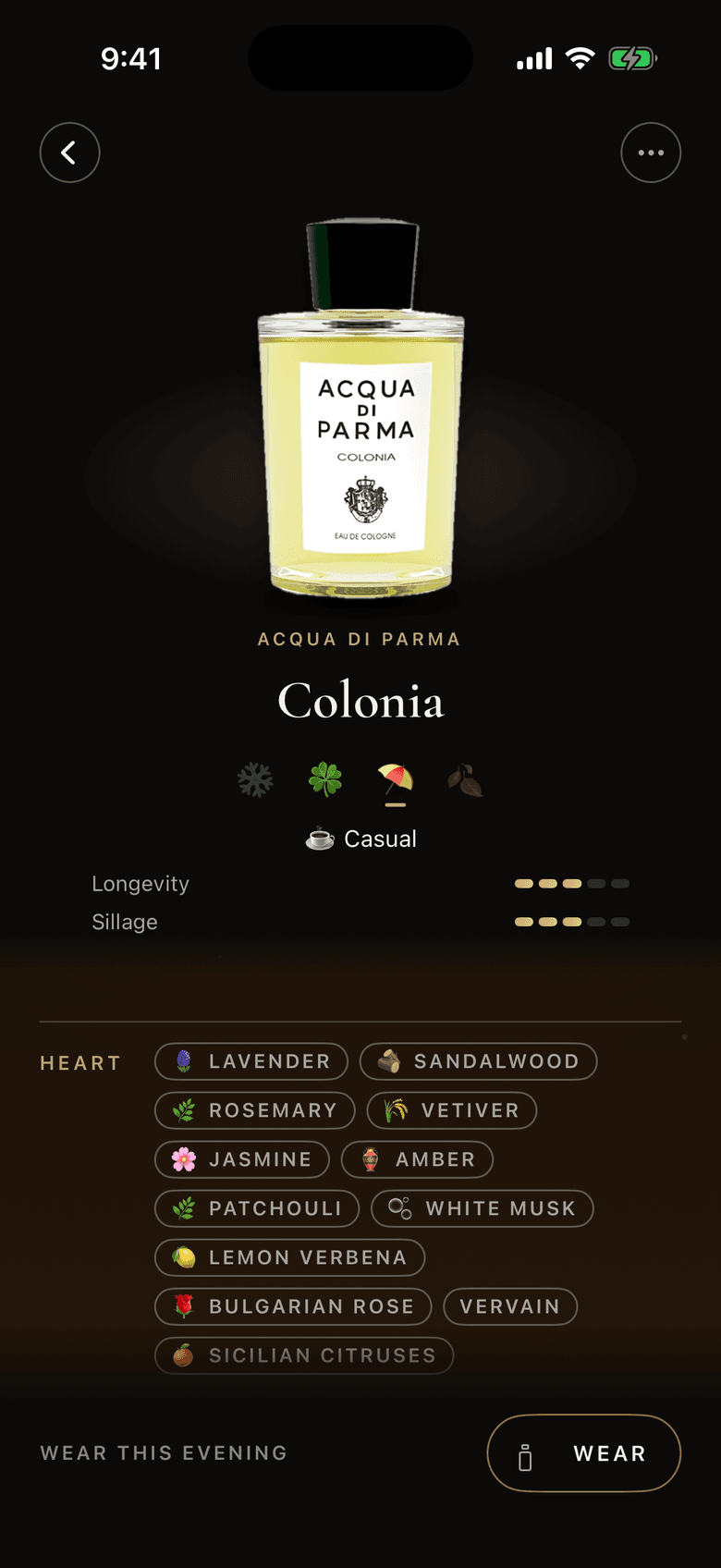 A fragrance page for Acqua di Parma Colonia, with note chips, season glyphs and longevity and sillage meters.