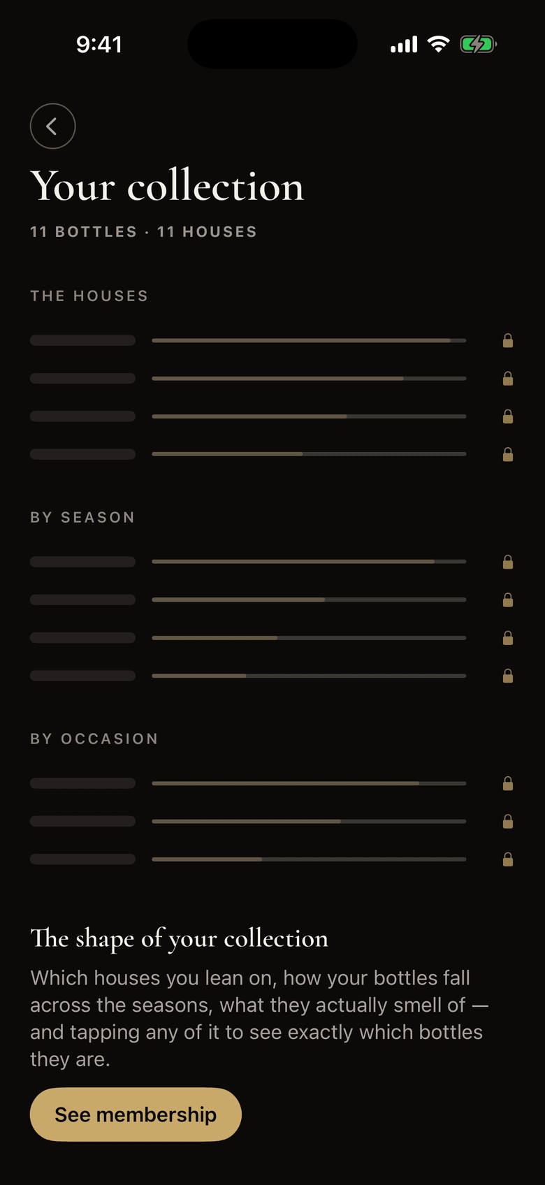 The collection portrait as a non-member sees it: section names for houses, seasons and occasions with their bars locked.